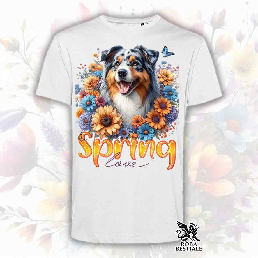 T-Shirt SPRING LOVE - AUSTRALIAN SHEPHERD Blue Merle - Bianca, Uomo o Donna - dalla XS alla 5XL