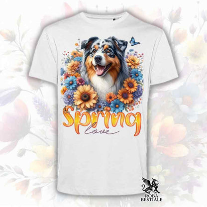 T-Shirt SPRING LOVE - AUSTRALIAN SHEPHERD Blue Merle - Bianca, Uomo o Donna - dalla XS alla 5XL