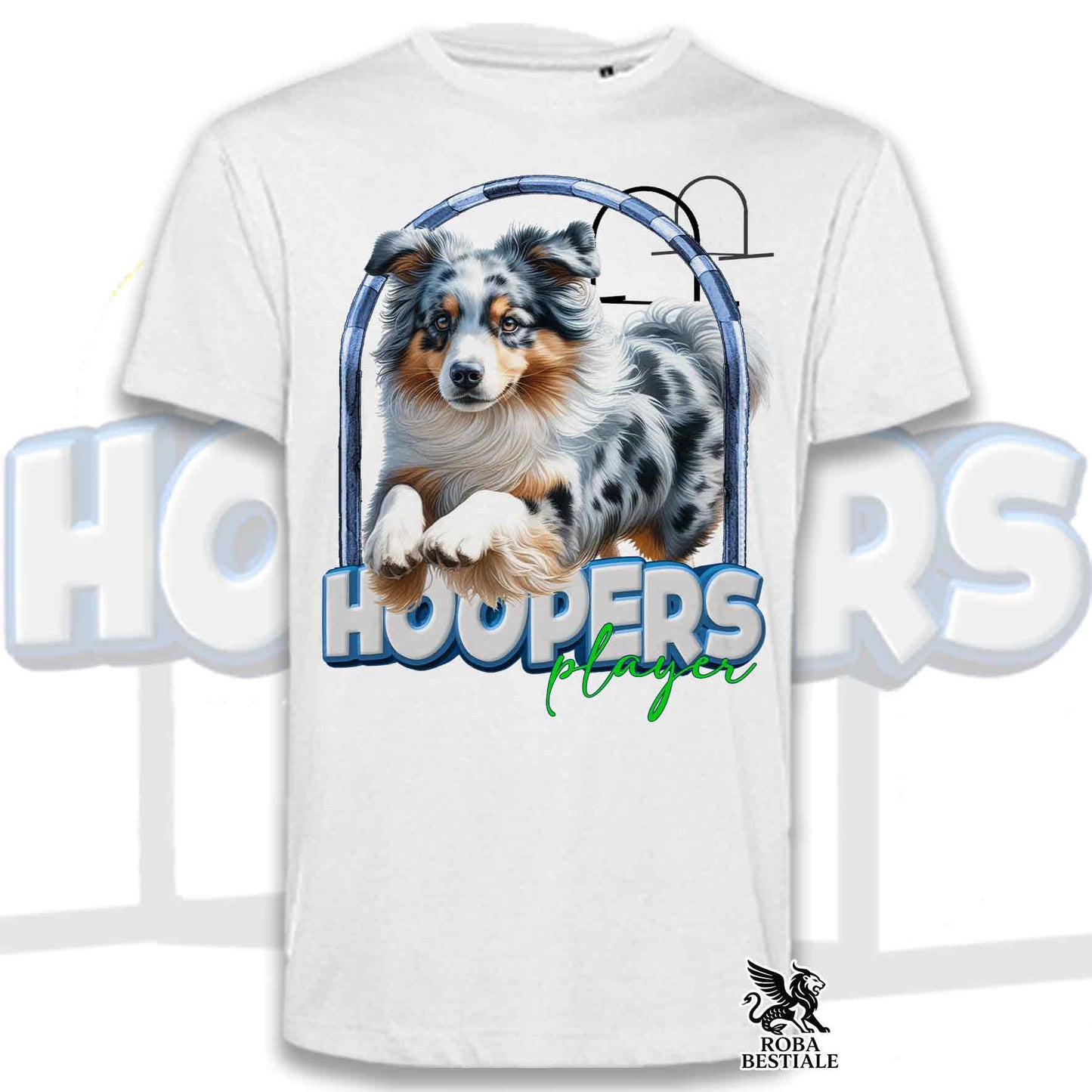 T-Shirt HOOPERS Player - AUSTRALIAN SHEPHERD Blue Merle - Bianca o Beige, da Uomo o da Donna - dalla XS alla 5XL