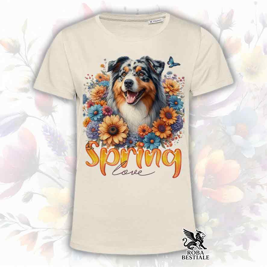 T-Shirt SPRING LOVE - AUSTRALIAN SHEPHERD Blue Merle - Bianca, Uomo o Donna - dalla XS alla 5XL