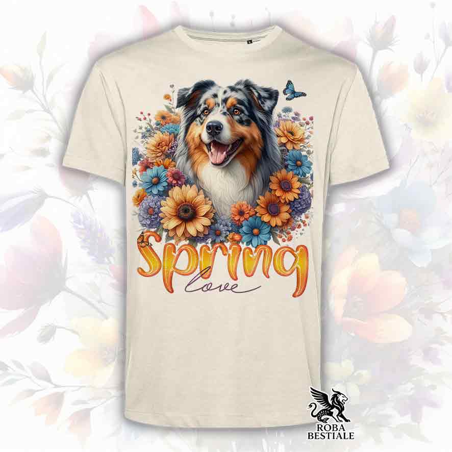 T-Shirt SPRING LOVE - AUSTRALIAN SHEPHERD Blue Merle - Bianca, Uomo o Donna - dalla XS alla 5XL