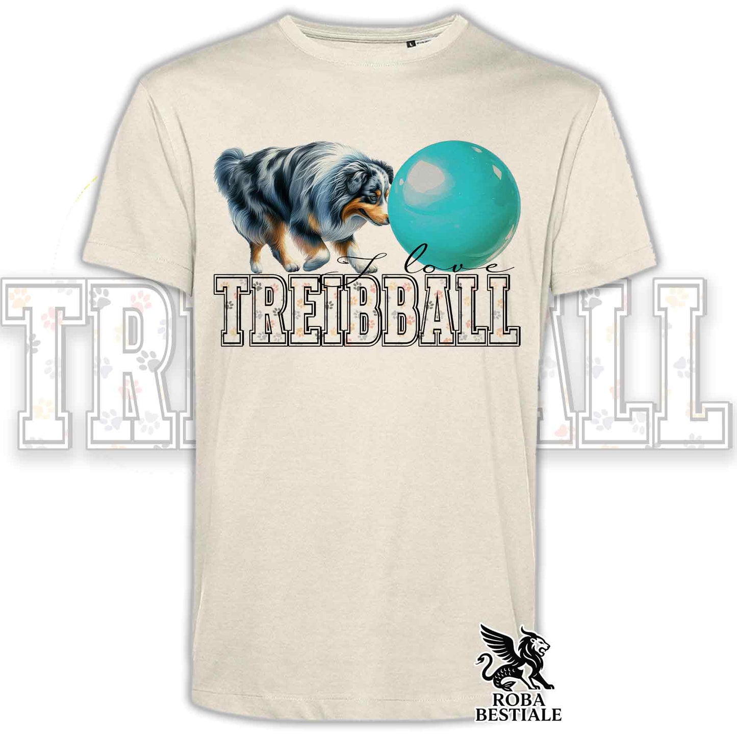 T-Shirt I LOVE TREIBBALL - AUSTRALIAN SHEPHERD Blue Merle - Off White, colore dettagli a scelta - dalla XS alla 2XL