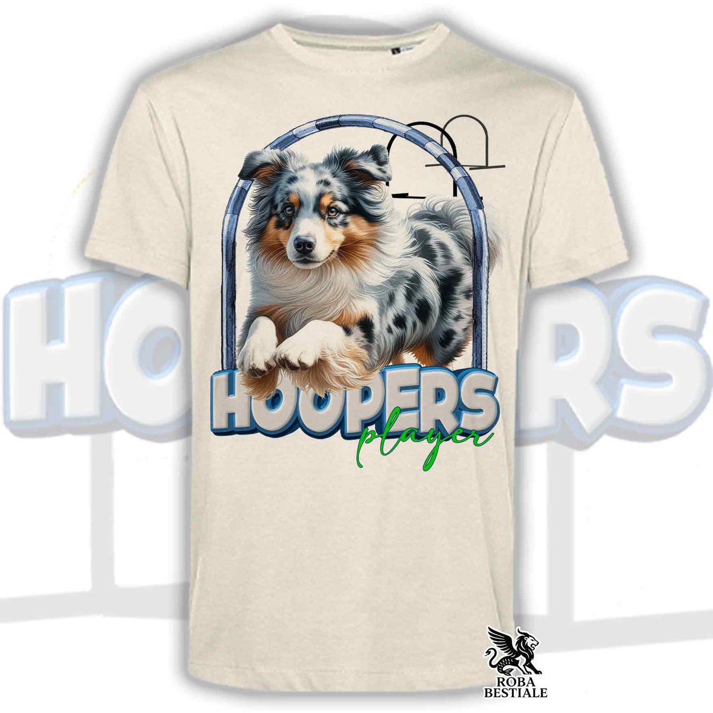 T-Shirt HOOPERS Player - AUSTRALIAN SHEPHERD Blue Merle - Bianca o Beige, da Uomo o da Donna - dalla XS alla 5XL