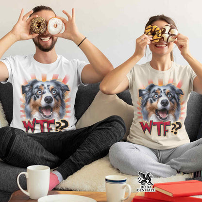 T-Shirt WTF?? - AUSTRALIAN SHEPHERD Blue Merle - Bianca o Beige, da Uomo o da Donna - dalla XS alla 5XL