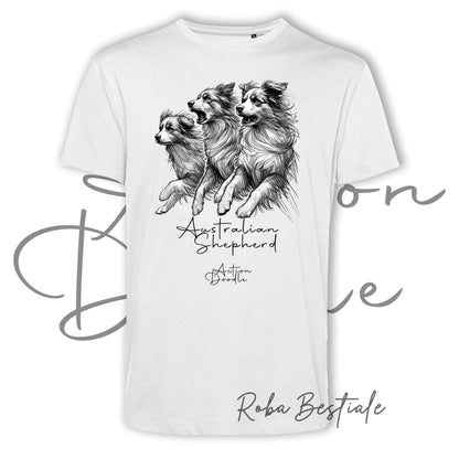 T-Shirt ACTION DOODLE - AUSTRALIAN SHEPHERD Blue Merle 1 - 100% Cotone, Bianca, Uomo o Donna - dalla XS alla 5XL