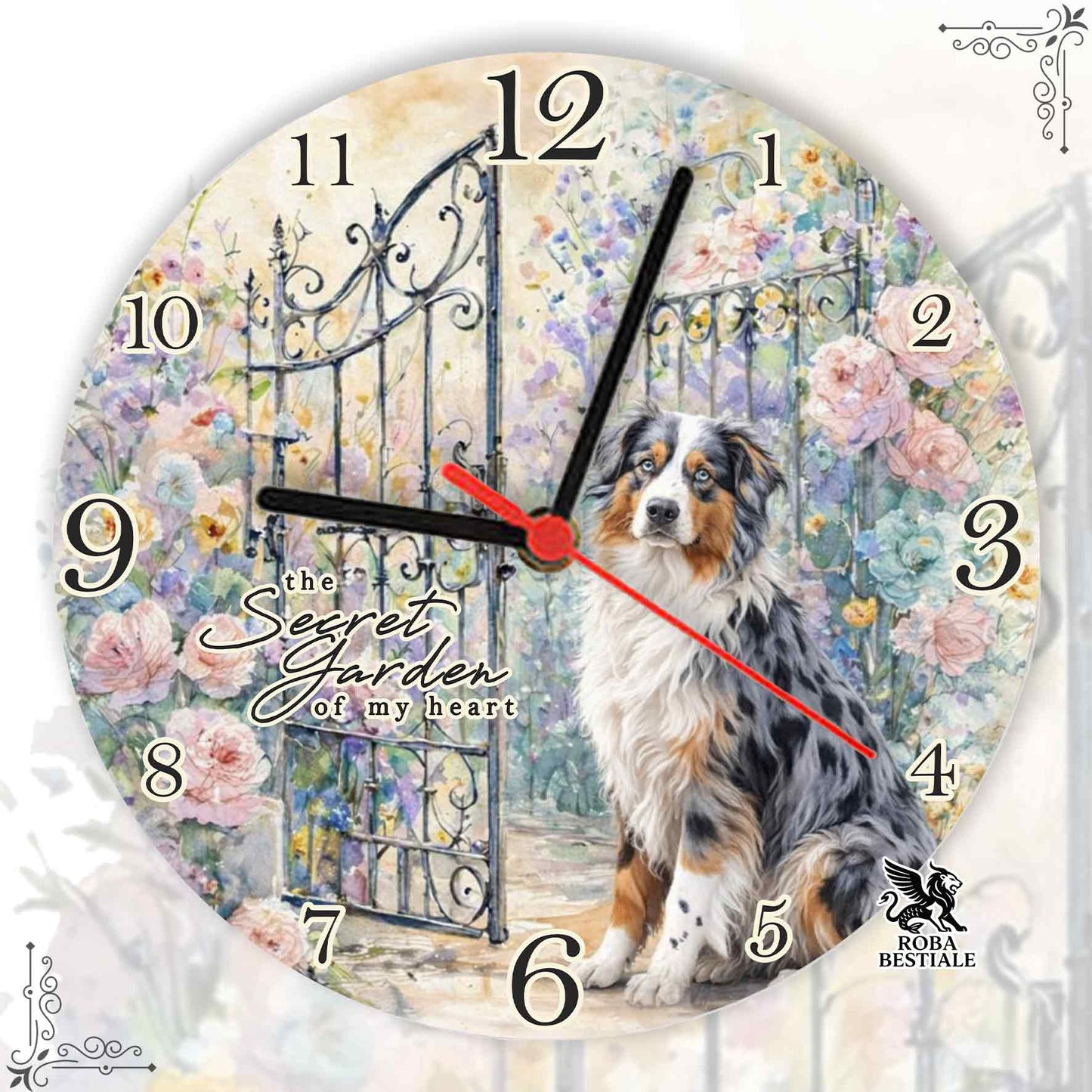 Orologio da Muro SECRET GARDEN - AUSTRALIAN SHEPHERD Blue Merle - in MDF - diametro 20 o 30 cm