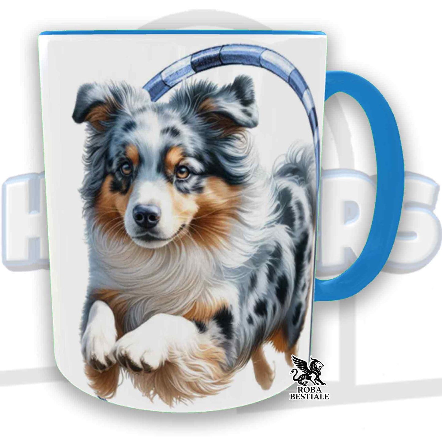 Tazza HOOPERS Player - AUSTRALIAN SHEPHERD Blue Merle - In Ceramica, con manico e interno colorato - 330 ml