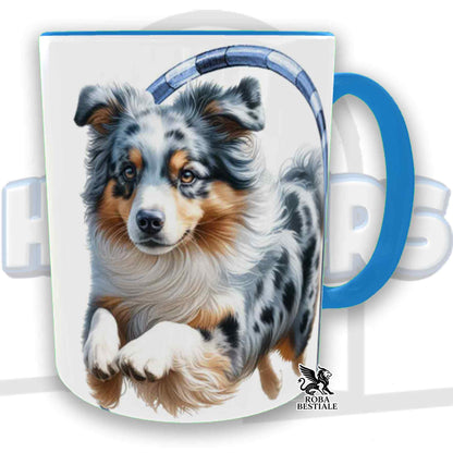 Tazza HOOPERS Player - AUSTRALIAN SHEPHERD Blue Merle - In Ceramica, con manico e interno colorato - 330 ml