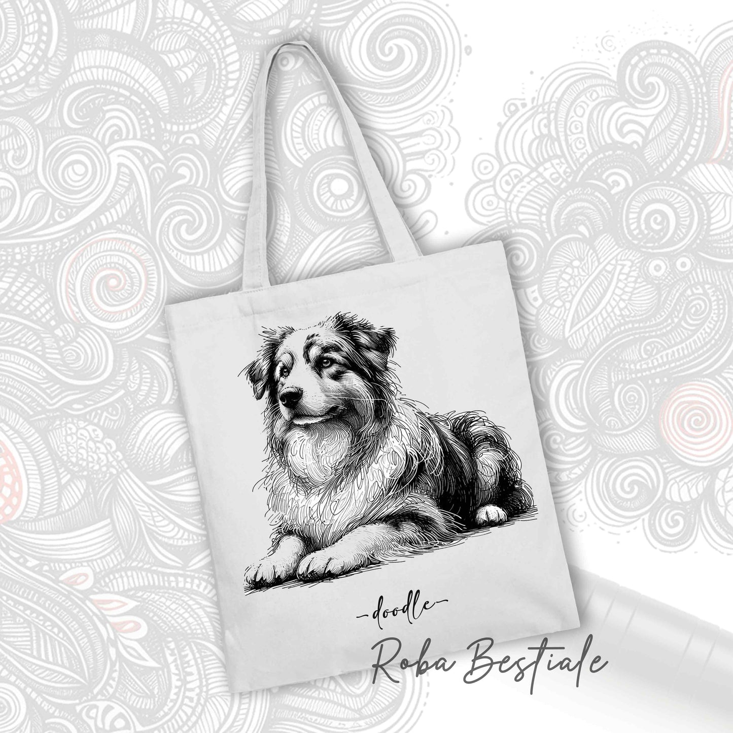 Shopper DOODLE Elegance - AUSTRALIAN SHEPHERD - Diversi colori disponibili, 100% Cotone