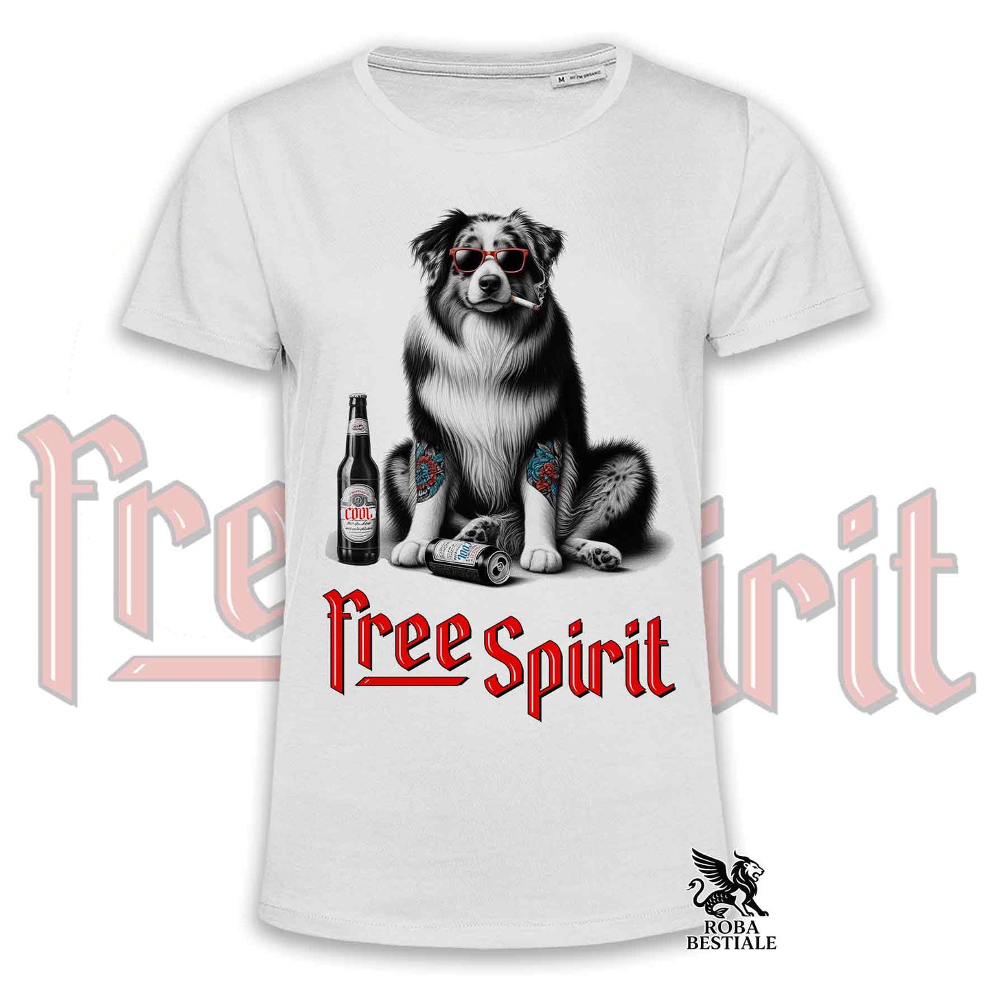 T-Shirt FREE SPIRIT - AUSTRALIAN SHEPHERD Merle - Bianca o Beige, da Uomo o da Donna - dalla XS alla 5XL