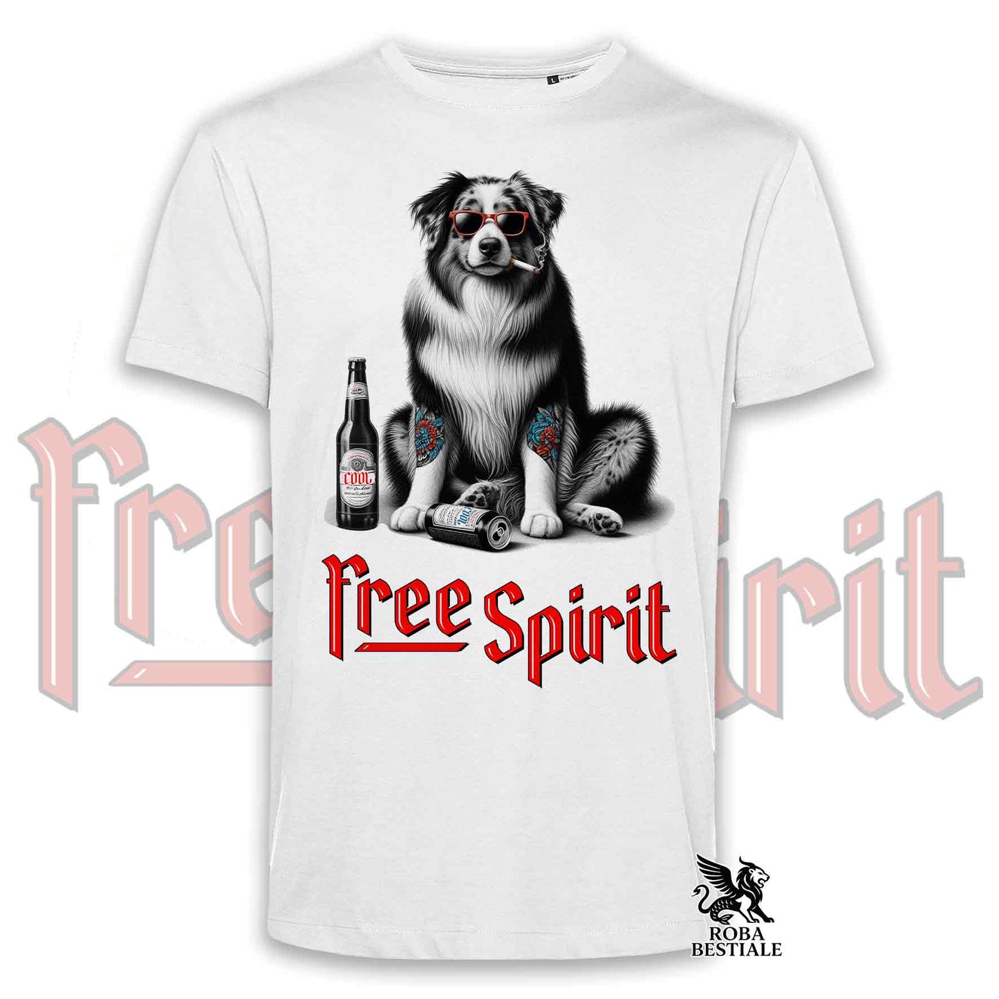 T-Shirt FREE SPIRIT - AUSTRALIAN SHEPHERD Merle - Bianca o Beige, da Uomo o da Donna - dalla XS alla 5XL