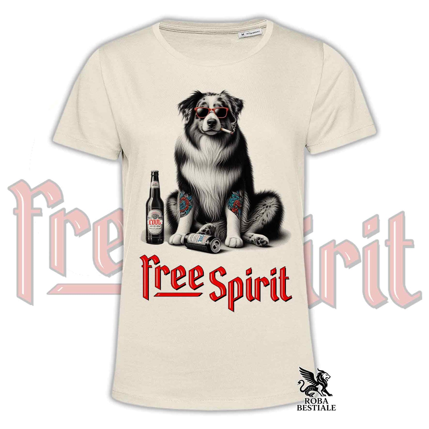 T-Shirt FREE SPIRIT - AUSTRALIAN SHEPHERD Merle - Bianca o Beige, da Uomo o da Donna - dalla XS alla 5XL