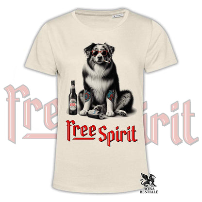 T-Shirt FREE SPIRIT - AUSTRALIAN SHEPHERD Merle - Bianca o Beige, da Uomo o da Donna - dalla XS alla 5XL