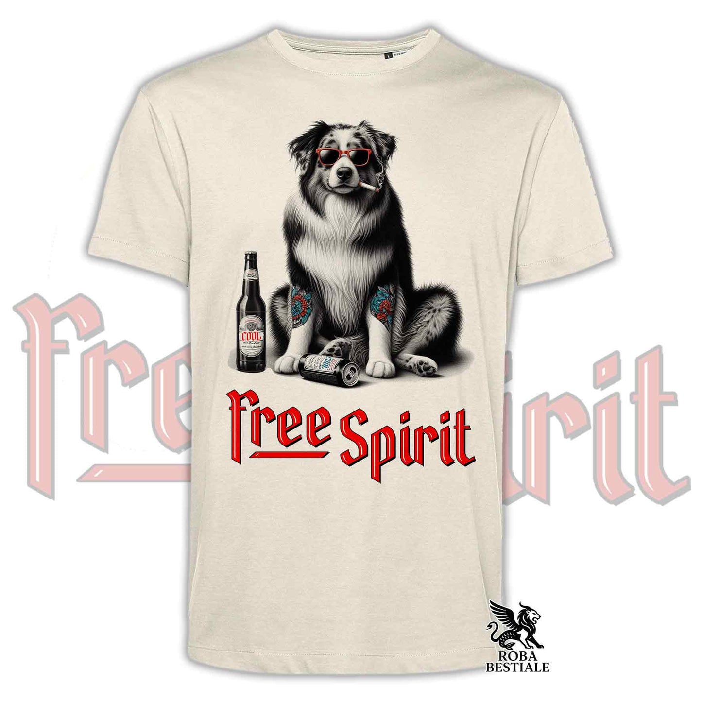 T-Shirt FREE SPIRIT - AUSTRALIAN SHEPHERD Merle - Bianca o Beige, da Uomo o da Donna - dalla XS alla 5XL