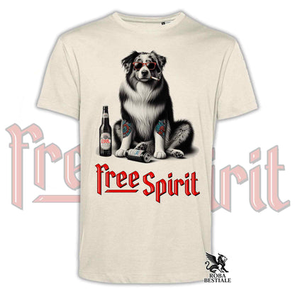 T-Shirt FREE SPIRIT - AUSTRALIAN SHEPHERD Merle - Bianca o Beige, da Uomo o da Donna - dalla XS alla 5XL