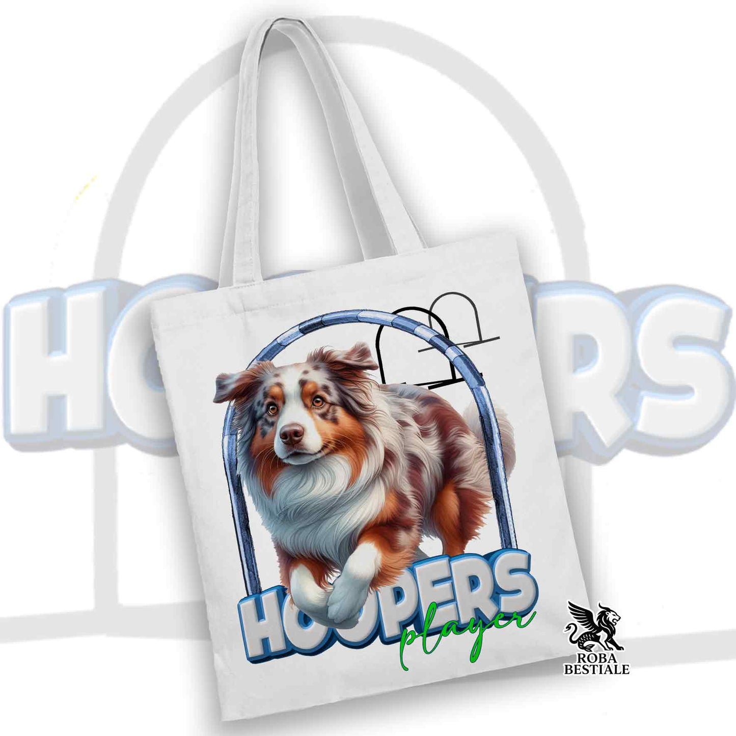 Tote Bag HOOPERS Player - AUSTRALIAN SHEPHERD Red Merle - 100% Cotone - Bianca o Beige