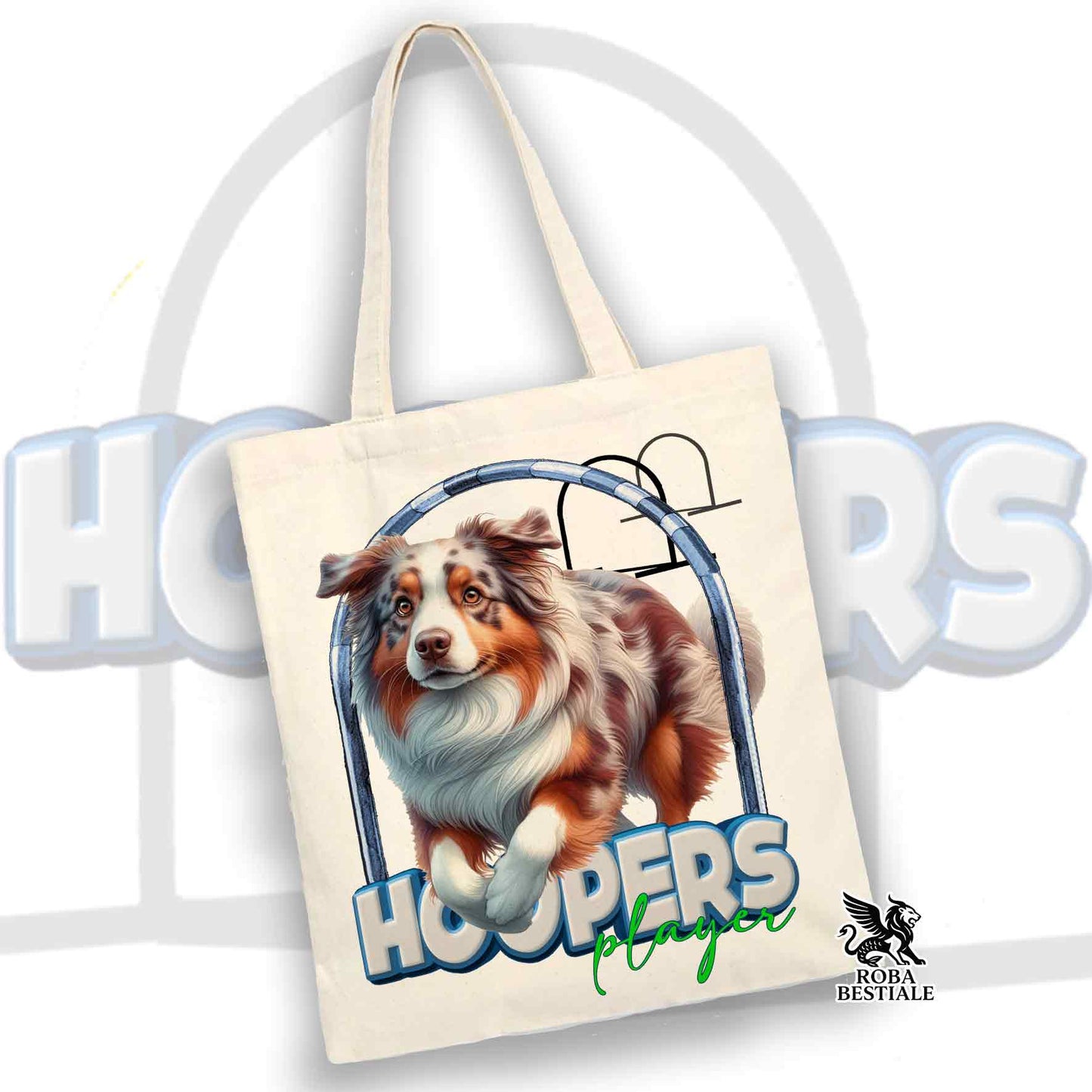 Tote Bag HOOPERS Player - AUSTRALIAN SHEPHERD Red Merle - 100% Cotone - Bianca o Beige