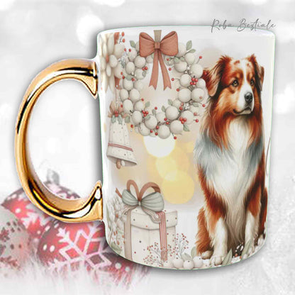 Tazza COZY WINTER - AUSTRALIAN SHEPHERD Red Merle - In Ceramica, con manico color Oro - 330 ml