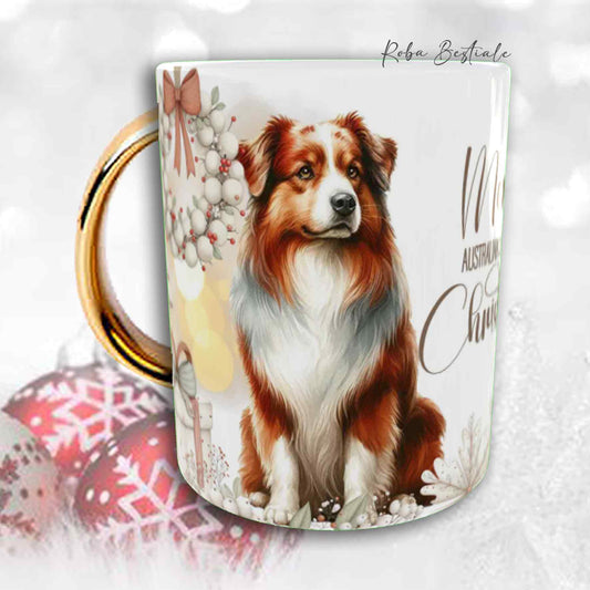 Tazza COZY WINTER - AUSTRALIAN SHEPHERD Red Merle - In Ceramica, con manico color Oro - 330 ml