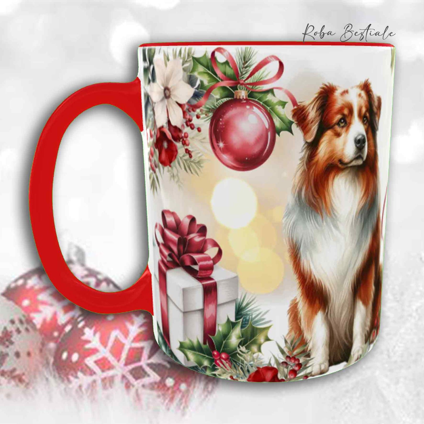 Tazza VINTAGE WINTER - AUSTRALIAN SHEPHERD Red Merle - In Ceramica, con dettagli Rossi - 330 ml