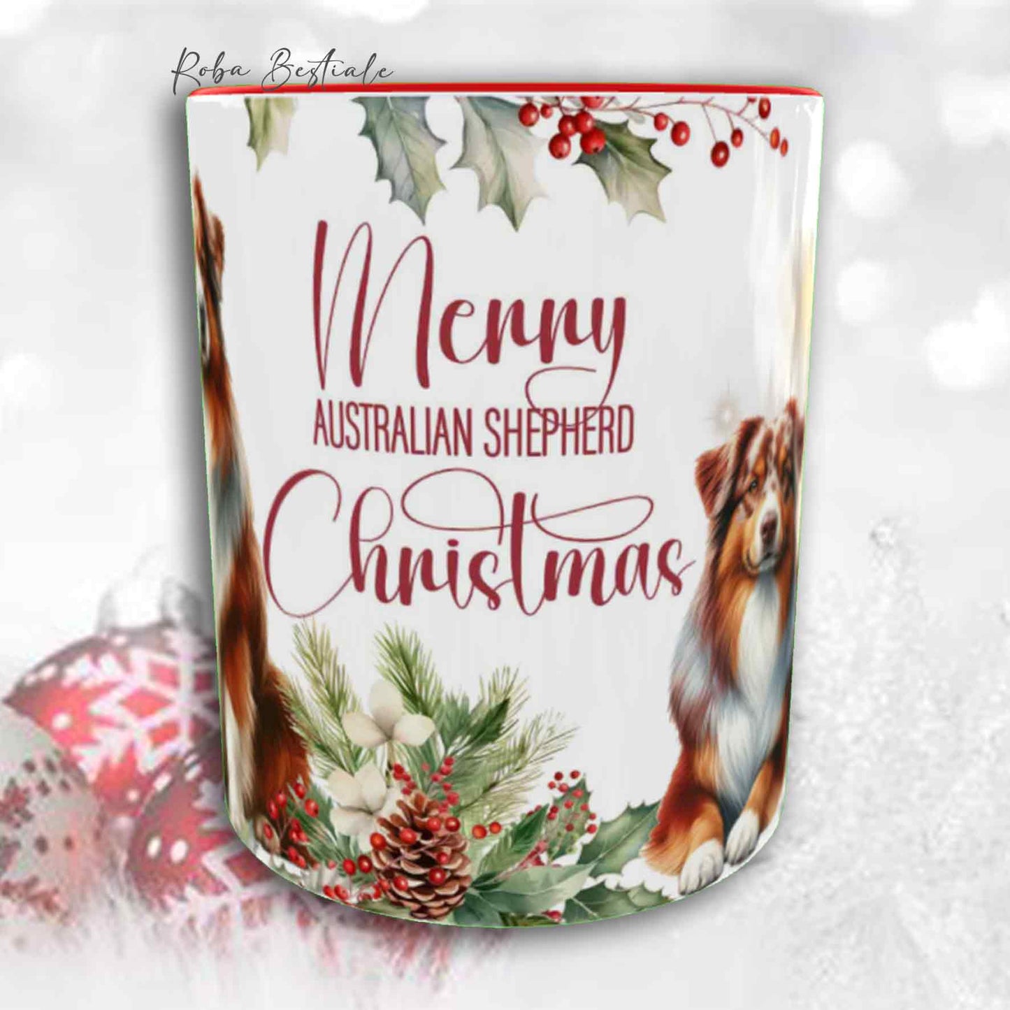 Tazza VINTAGE WINTER - AUSTRALIAN SHEPHERD Red Merle - In Ceramica, con dettagli Rossi - 330 ml