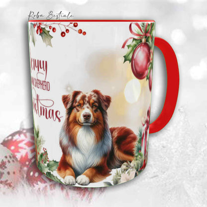 Tazza VINTAGE WINTER - AUSTRALIAN SHEPHERD Red Merle - In Ceramica, con dettagli Rossi - 330 ml