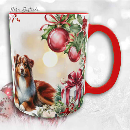 Tazza VINTAGE WINTER - AUSTRALIAN SHEPHERD Red Merle - In Ceramica, con dettagli Rossi - 330 ml