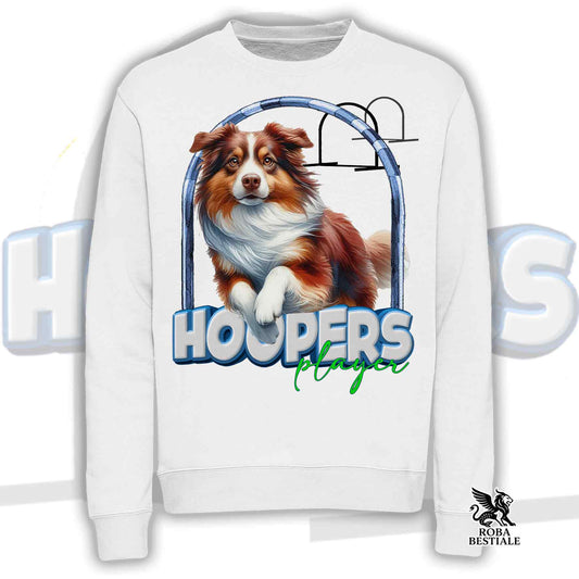 Felpa HOOPERS Player - AUSTRALIAN SHEPHERD Red Tricolor - Girocollo, Unisex - Bianca o Beige - dalla XS alla 3XL