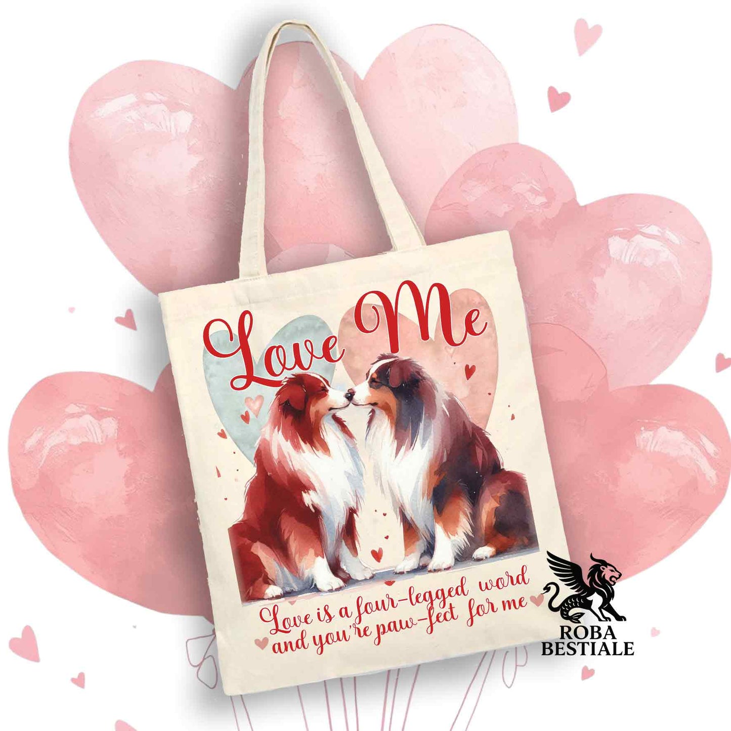 Tote Bag LOVE ME - AUSTRALIAN SHEPHERD Red Tricolor - 100% Cotone - Bianca o Beige