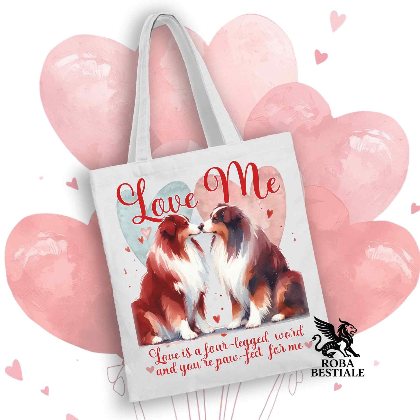 Tote Bag LOVE ME - AUSTRALIAN SHEPHERD Red Tricolor - 100% Cotone - Bianca o Beige