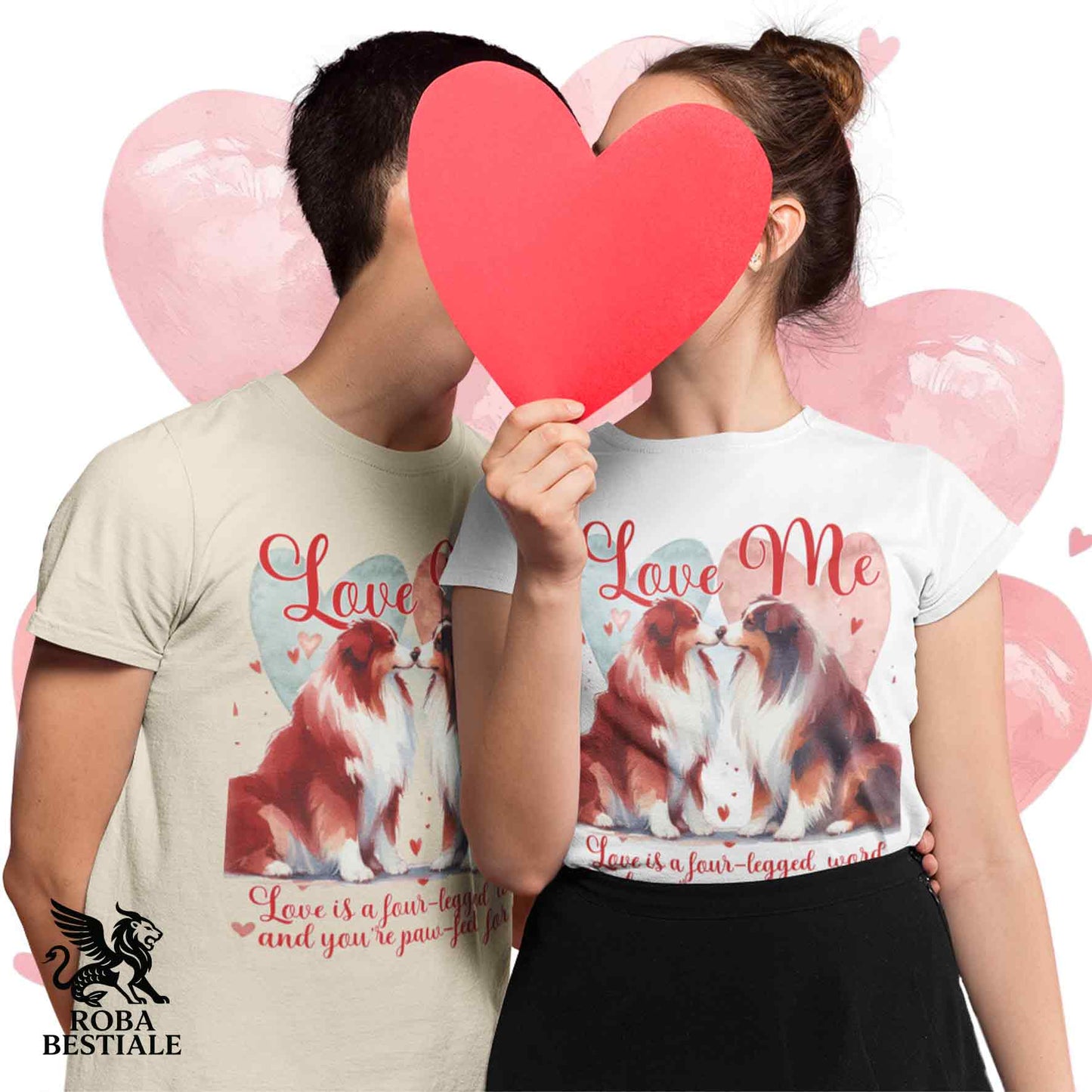 T-shirt LOVE ME - AUSTRALIAN SHEPHERD Red Tricolor - Bianca o Beige, Uomo o Donna - dalla XS alla 5XL