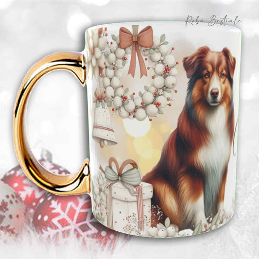 Tazza COZY WINTER - AUSTRALIAN SHEPHERD Red Tricolor - In Ceramica, con manico color Oro - 330 ml