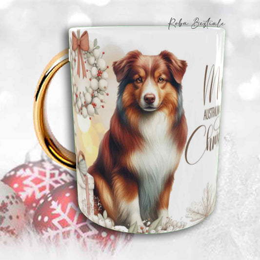 Tazza COZY WINTER - AUSTRALIAN SHEPHERD Red Tricolor - In Ceramica, con manico color Oro - 330 ml