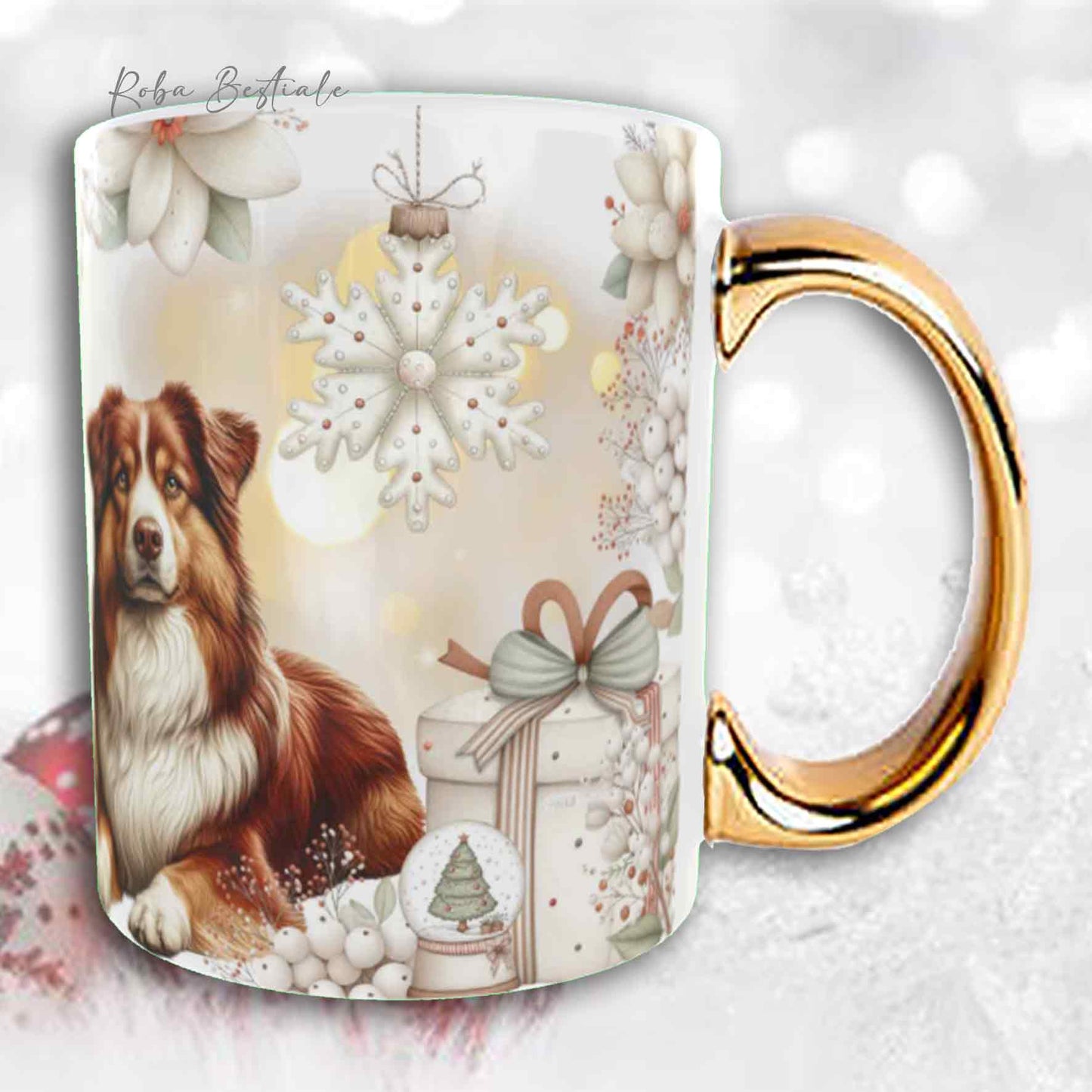 Tazza COZY WINTER - AUSTRALIAN SHEPHERD Red Tricolor - In Ceramica, con manico color Oro - 330 ml
