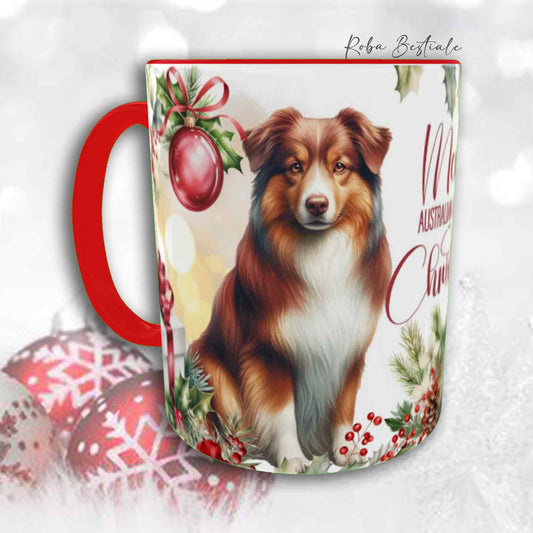 Tazza VINTAGE WINTER - AUSTRALIAN SHEPHERD Red Tricolor - In Ceramica, con dettagli Rossi - 330 ml