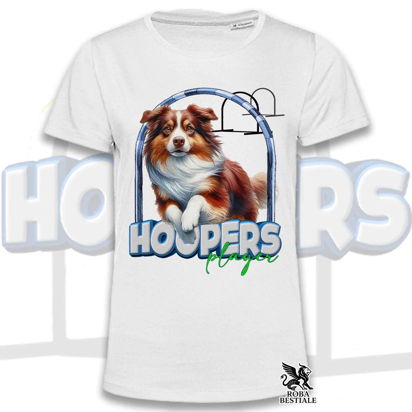 T-Shirt HOOPERS Player - AUSTRALIAN SHEPHERD Red Tricolor - Bianca o Beige, da Uomo o da Donna - dalla XS alla 5XL