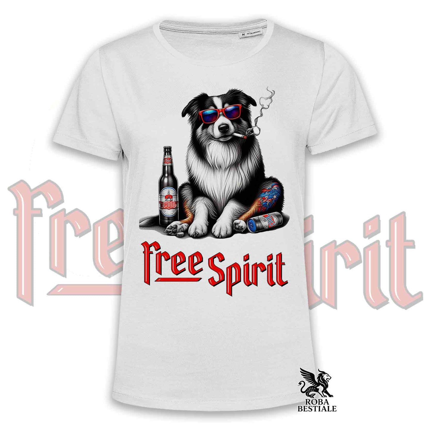 T-Shirt FREE SPIRIT - AUSTRALIAN SHEPHERD Tricolor - Bianca o Beige, da Uomo o da Donna - dalla XS alla 5XL