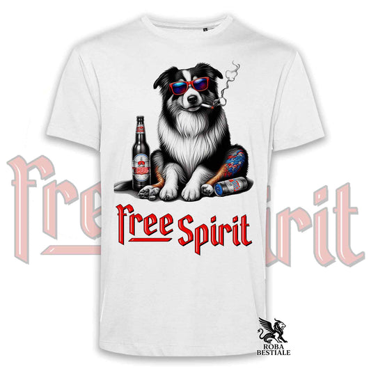 T-Shirt FREE SPIRIT - AUSTRALIAN SHEPHERD Tricolor - Bianca o Beige, da Uomo o da Donna - dalla XS alla 5XL