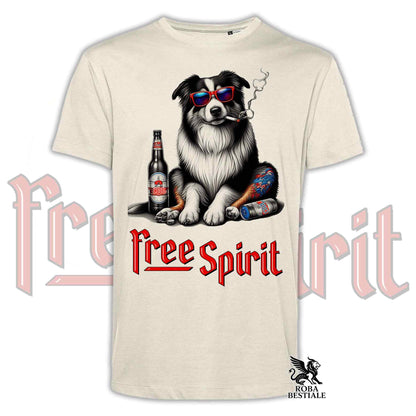 T-Shirt FREE SPIRIT - AUSTRALIAN SHEPHERD Tricolor - Bianca o Beige, da Uomo o da Donna - dalla XS alla 5XL