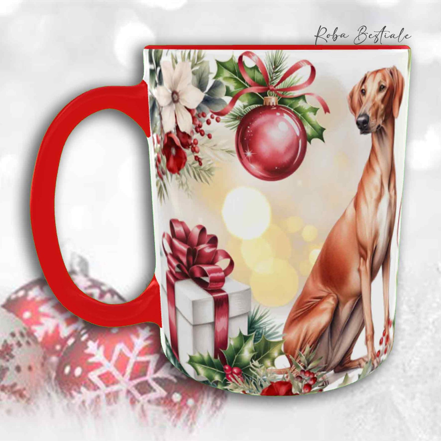 Tazza VINTAGE WINTER - AZAWAKH - In Ceramica, con dettagli Rossi - 330 ml