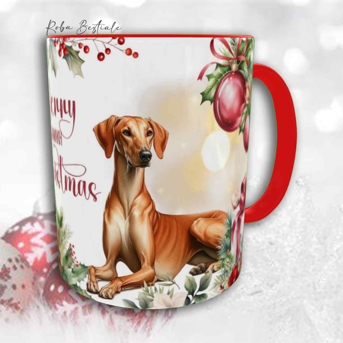 Tazza VINTAGE WINTER - AZAWAKH - In Ceramica, con dettagli Rossi - 330 ml