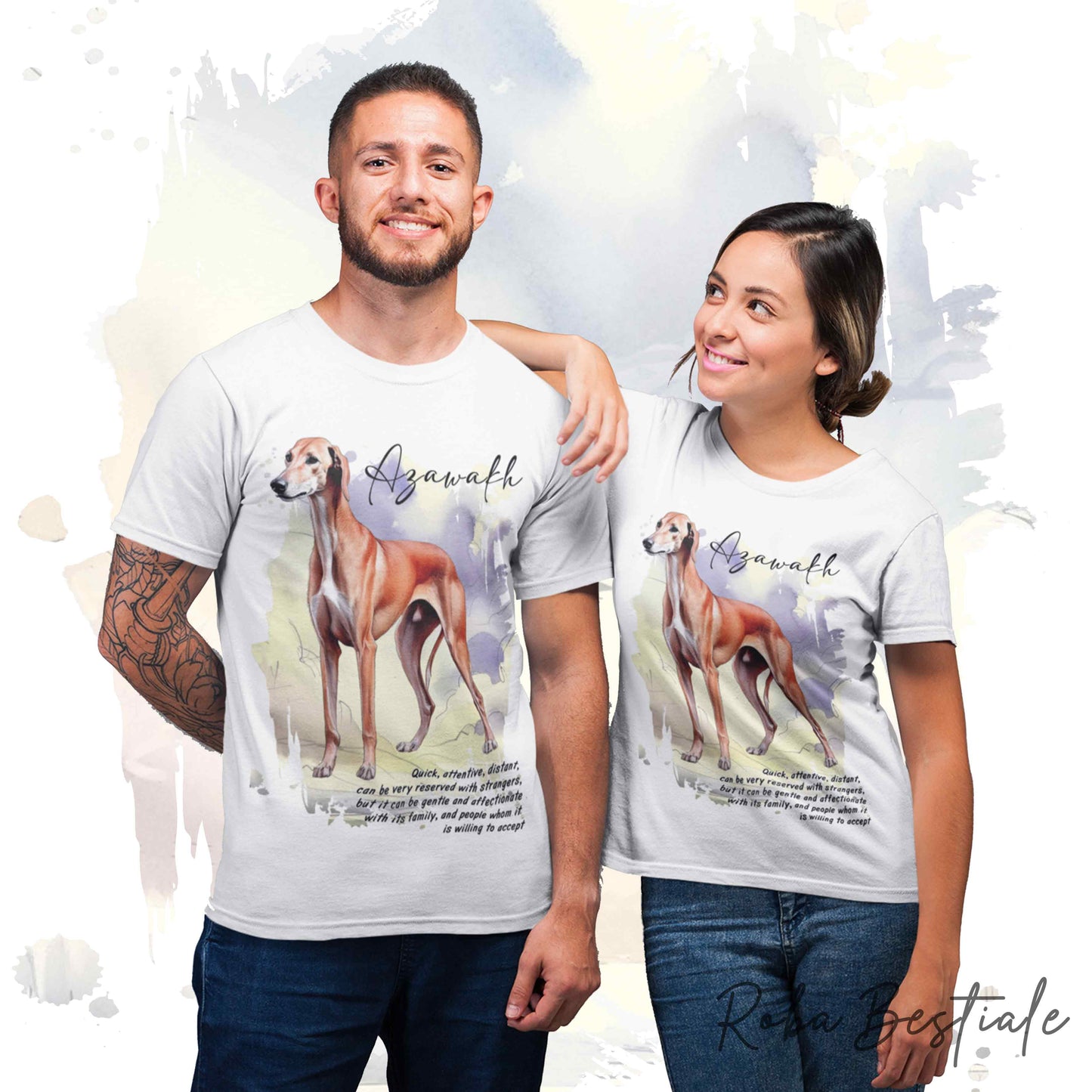 T-Shirt BEHAVIOR - AZAWAKH - Standard FCI - 100% Cotone, Bianca, Uomo o Donna - dalla XS alla 5XL