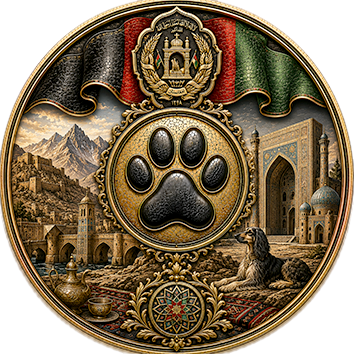Un badge che identifica l'Afghanistan come paese d'origine di cani di diverse razze