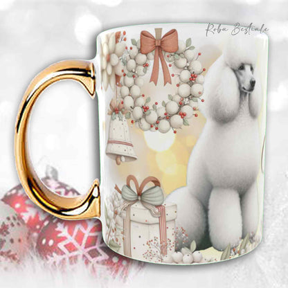 Tazza COZY WINTER - BARBONE Grande Mole Bianco - In Ceramica, con manico color Oro - 330 ml