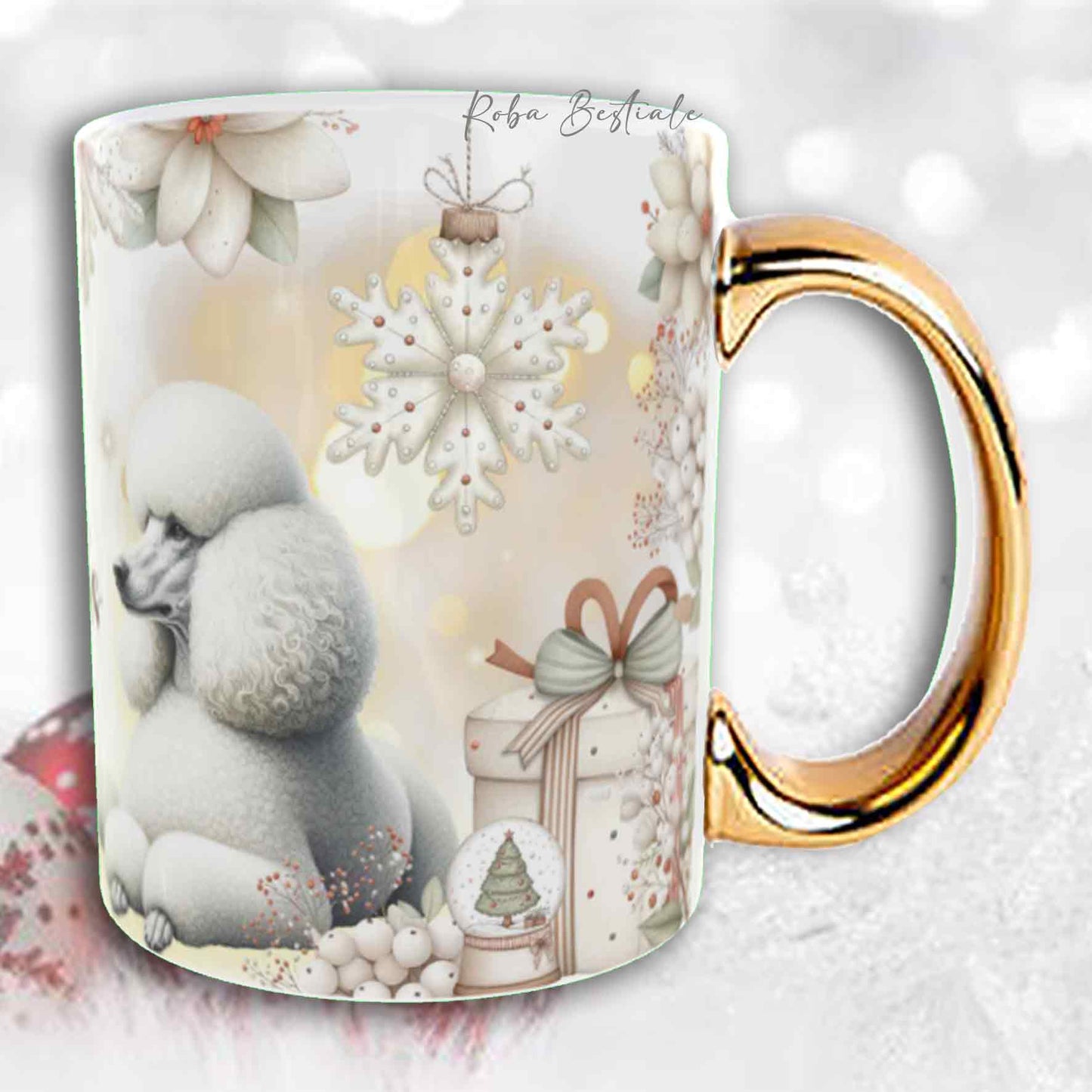 Tazza COZY WINTER - BARBONE Grande Mole Bianco - In Ceramica, con manico color Oro - 330 ml