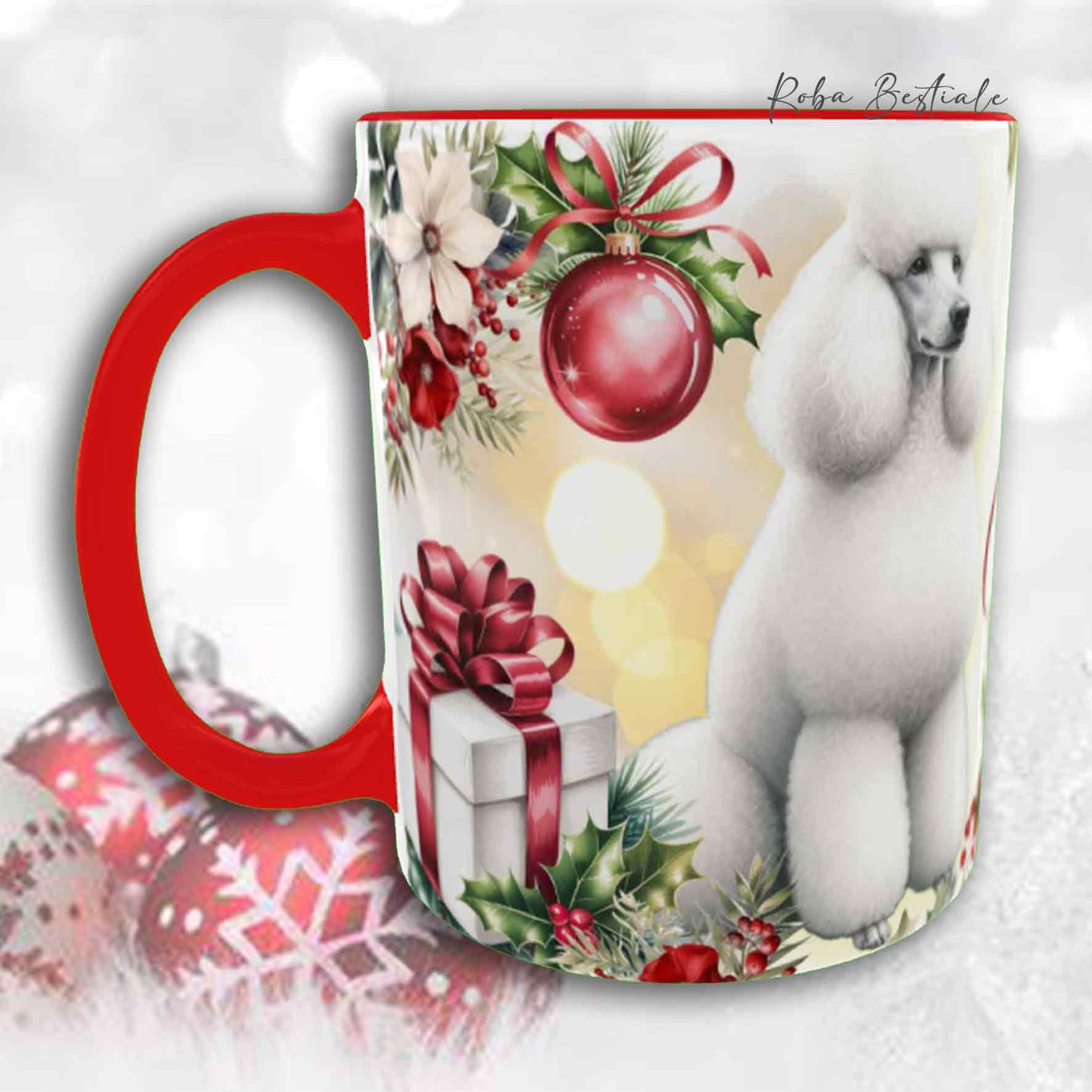 Tazza VINTAGE WINTER - BARBONE Grande Mole Bianco - In Ceramica, con dettagli Rossi - 330 ml