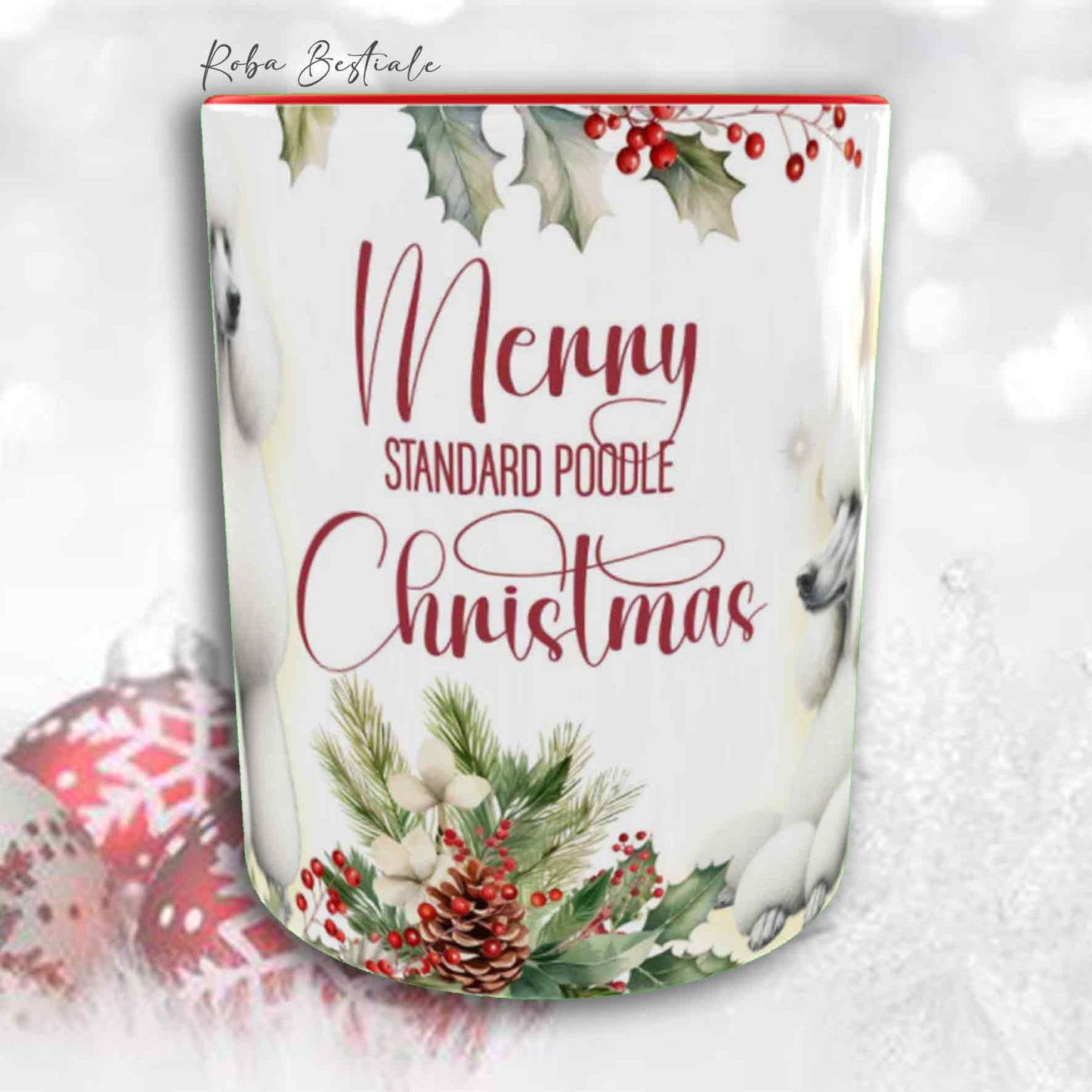 Tazza VINTAGE WINTER - BARBONE Grande Mole Bianco - In Ceramica, con dettagli Rossi - 330 ml