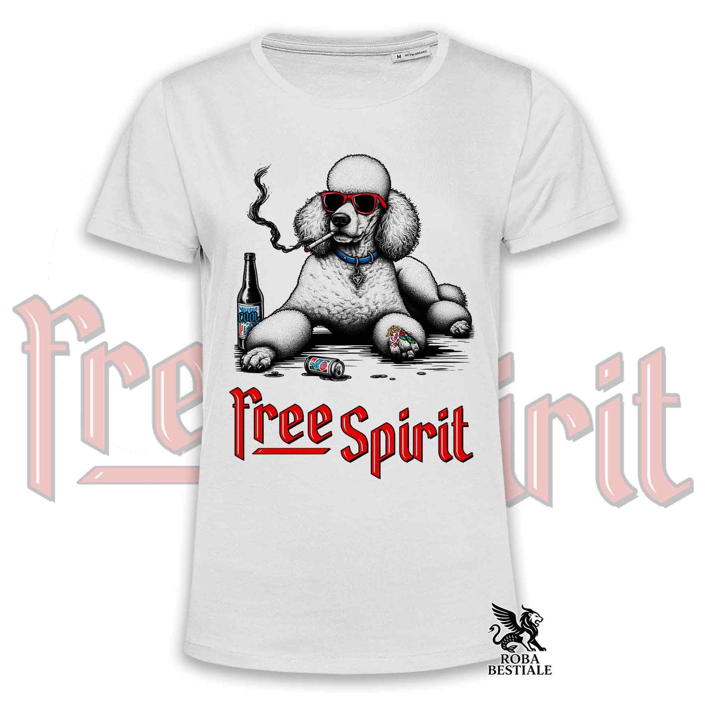 T-Shirt FREE SPIRIT - CANICHE Grande Taille Blanc - Blanche ou Beige, Homme ou Femme - du XS au 5XL