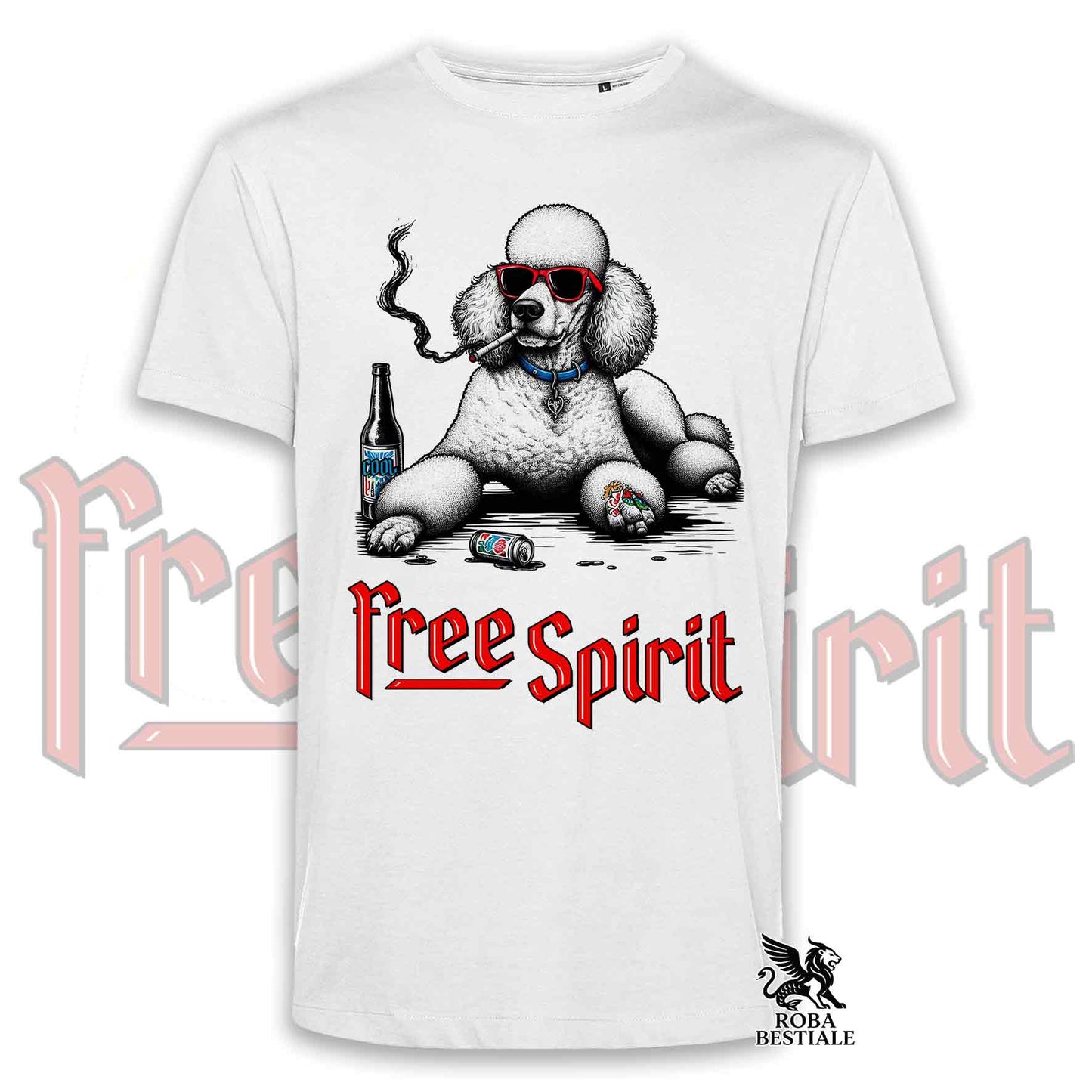 T-Shirt FREE SPIRIT - CANICHE Grande Taille Blanc - Blanche ou Beige, Homme ou Femme - du XS au 5XL