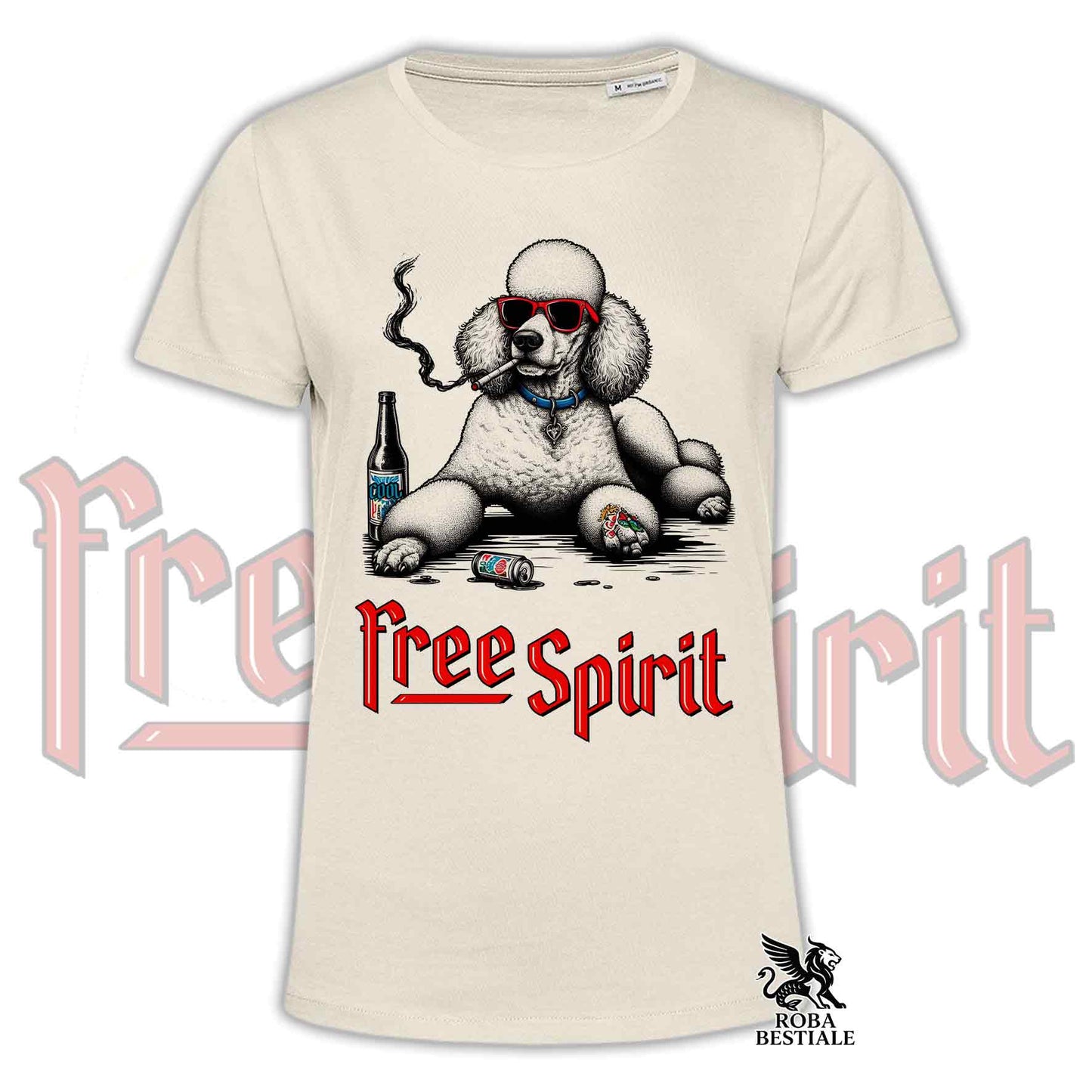 T-Shirt FREE SPIRIT - CANICHE Grande Taille Blanc - Blanche ou Beige, Homme ou Femme - du XS au 5XL